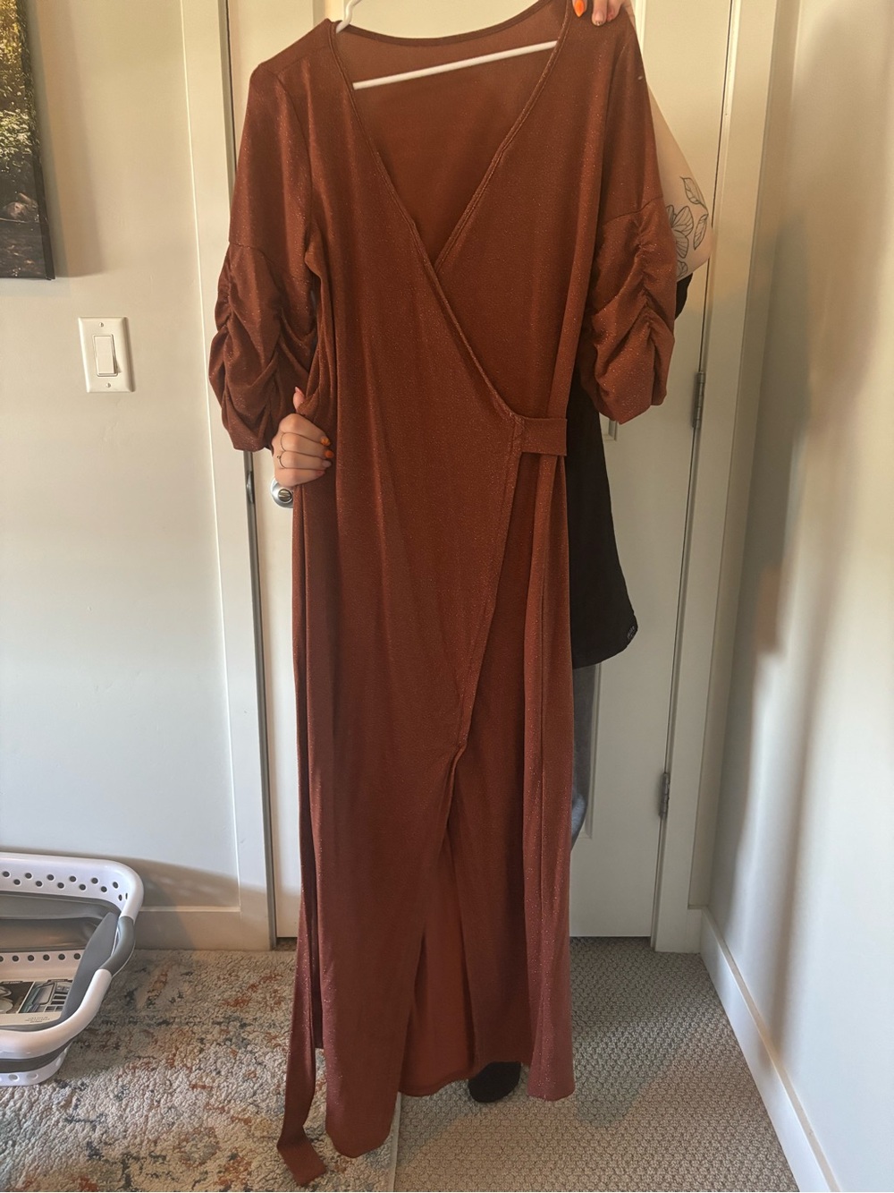 Rust Brown Wrap Maxi Dress with Ruched Sleeves